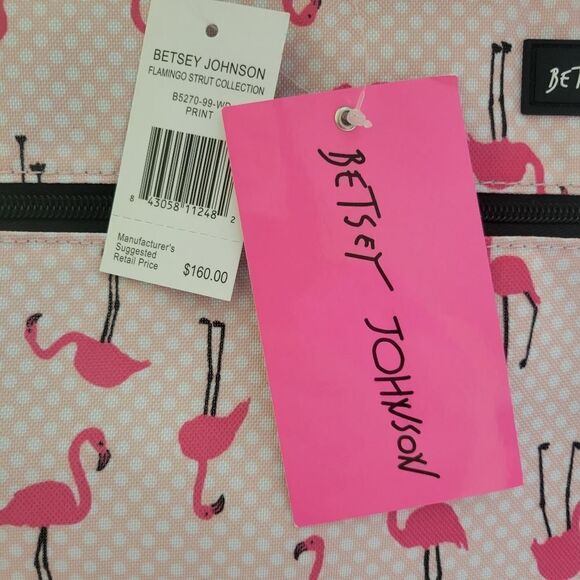 $160 LARGE NEW BETSEY JOHNSON PINK FLAMINGO CARRYON ROLLING TRAVEL BAG BLACK NWT - Picture 5 of 14
